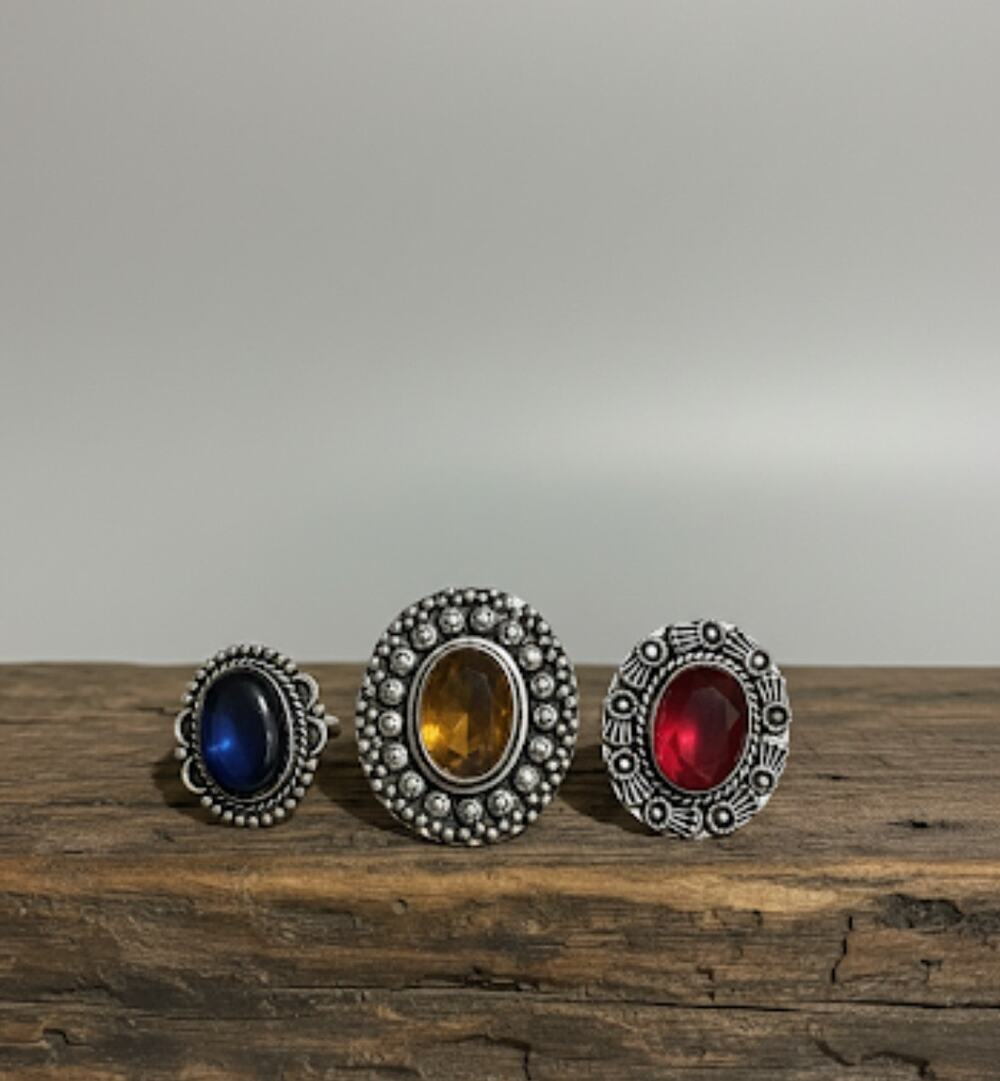 Rings Sz 8 9, Blue Red Amber Lot of 3 Bohemian German Silver Statement Vintage